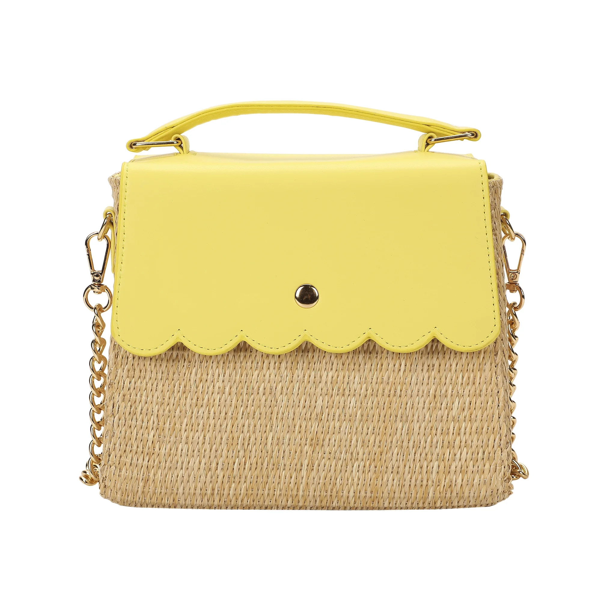Packed Party Women's Woven Straw Crossbody Bag with Faux Leather Scallop and Chain Strap, Yellow | Walmart (US)