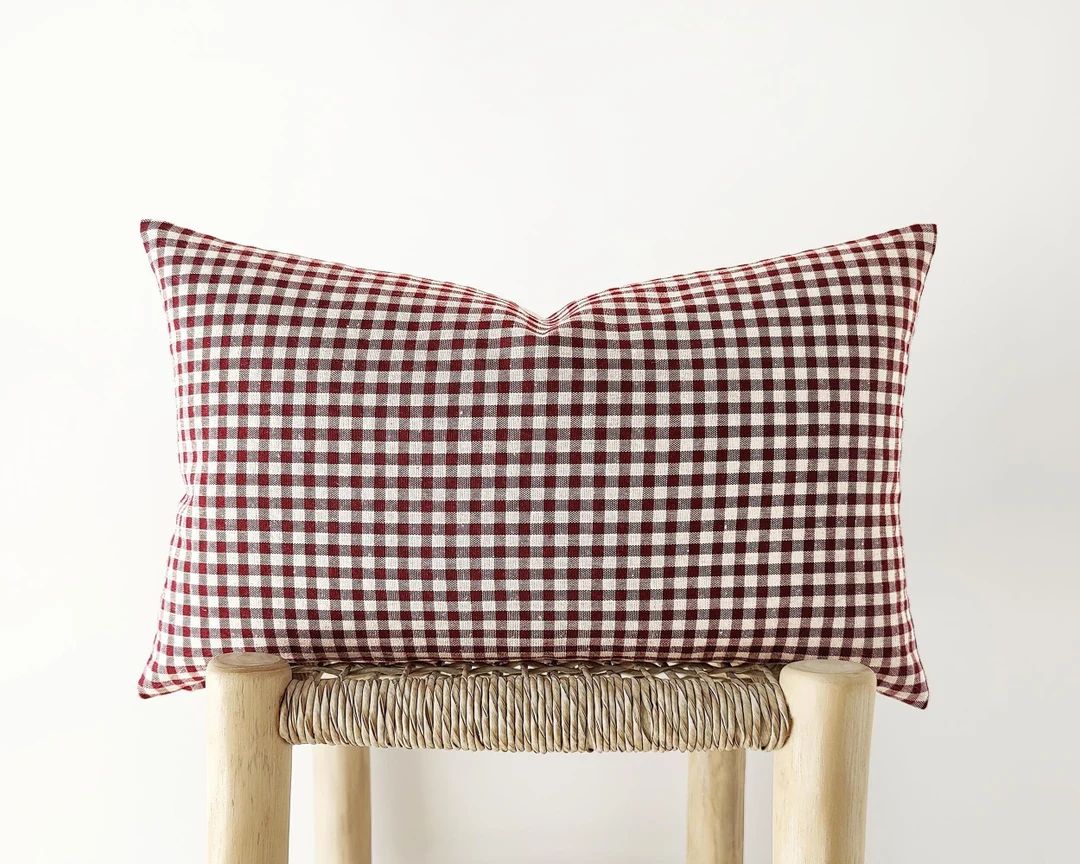 Burgundy Gingham Lumbar Pillow Cover Plaid Cotton Linen Cushion Cover 12x20, 14x20, 14x24 - Etsy | Etsy (US)