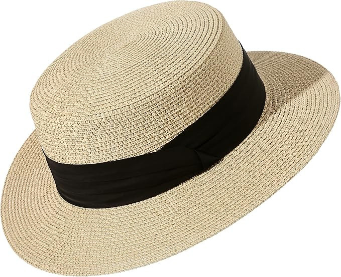 Lanzom Sun Hats for Women Wide Brim Straw Boater Hat Foldable Packable Beach Hat for Summer | Amazon (US)