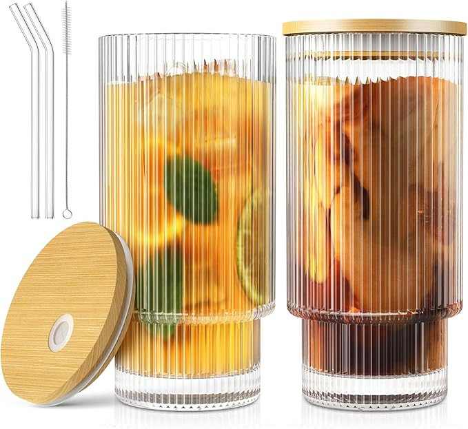 16OZ Glass Cups with Lids and Straws, Vintage Ribbed Glassware for Whiskey Cocktail Beer, Iced Co... | Amazon (US)
