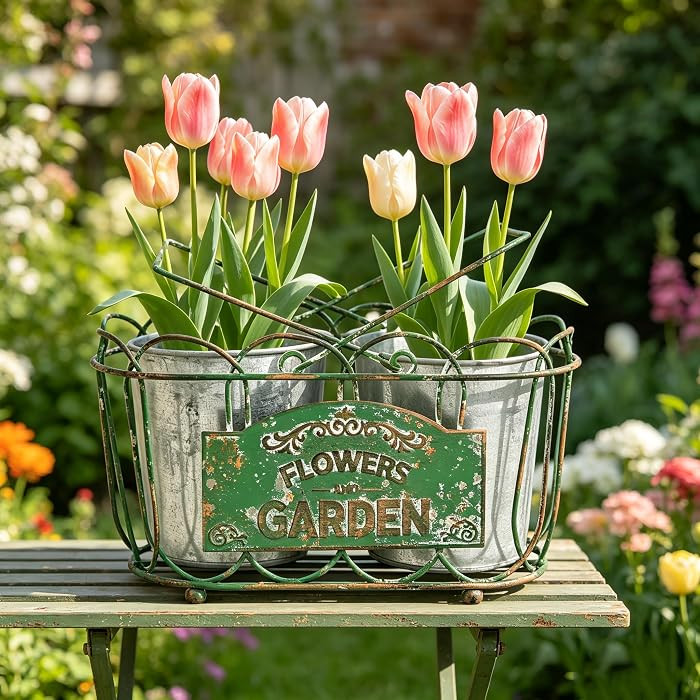Vintage 2-Piece Metal Planter Set, Distressed Green Iron Wire Basket with Flowers Garden Sign, Ru... | Amazon (US)