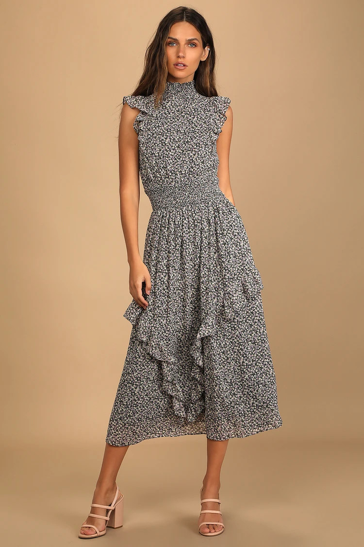 Evalina Black Floral Print Mock Neck Midi Dress | Lulus (US)