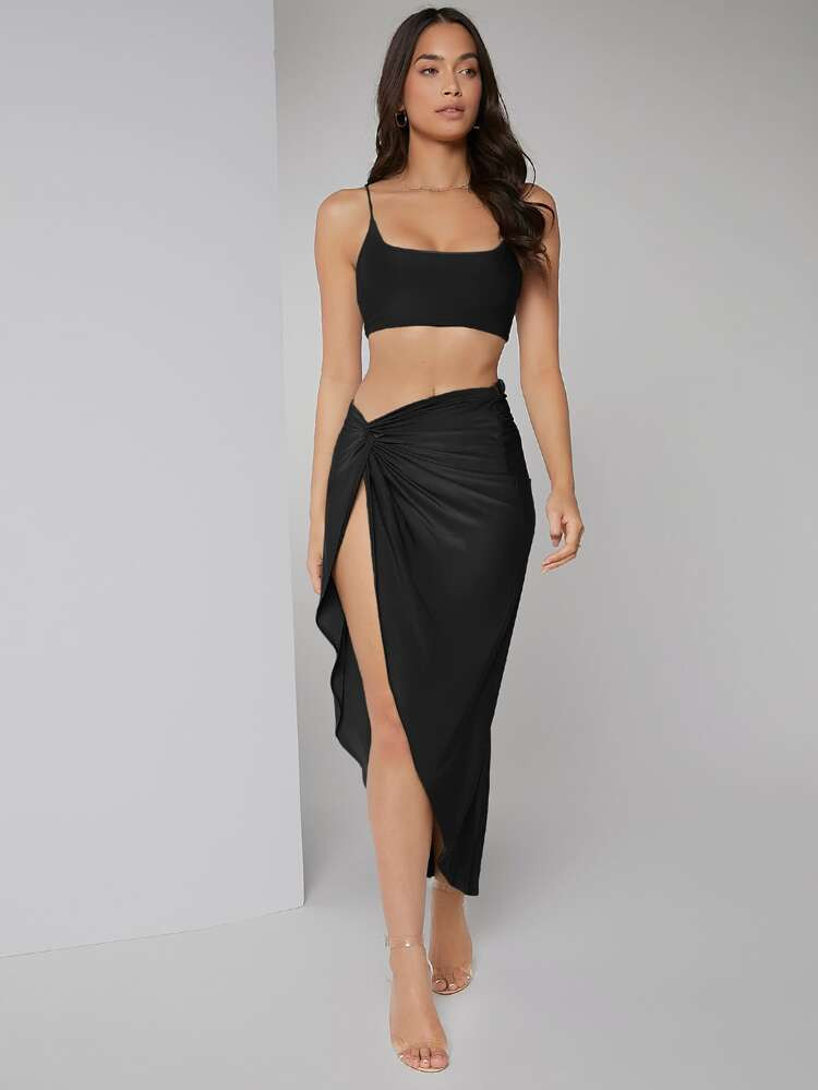 SHEIN BAE Solid Crop Cami Top & Twist Waist Skirt Set | SHEIN