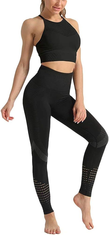 Remelon Women's 2 Piece Sports Outfits Workout Suit Set Yoga Crop Tank Top Bra and High Waist Leg... | Amazon (US)