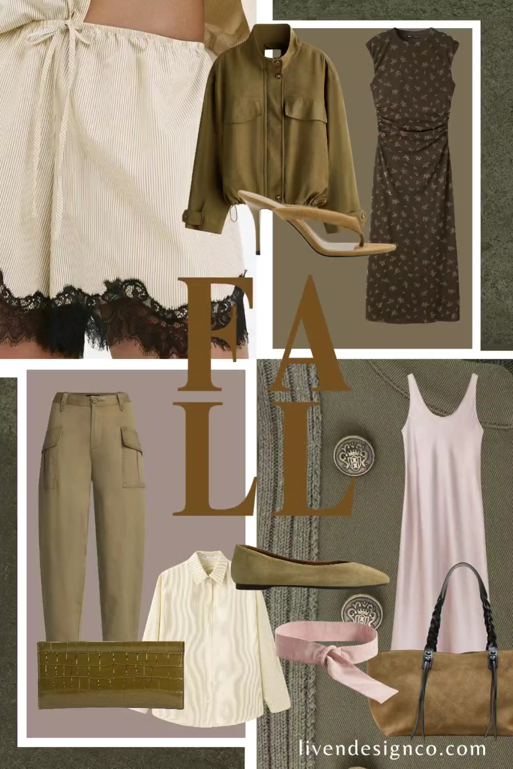 Subdued fall fashion. Style inspiration. Olive green jacket. Ruched dress. Pale pink. Cargo pants. Barrel pants. Lace shorts. 

#LTKSeasonal #LTKSaleAlert