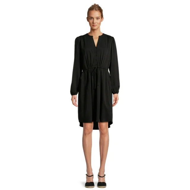 Time and Tru Women's Button Front Drawstring Waist Dress with Long Sleeves, Sizes XS-3XL | Walmart (US)
