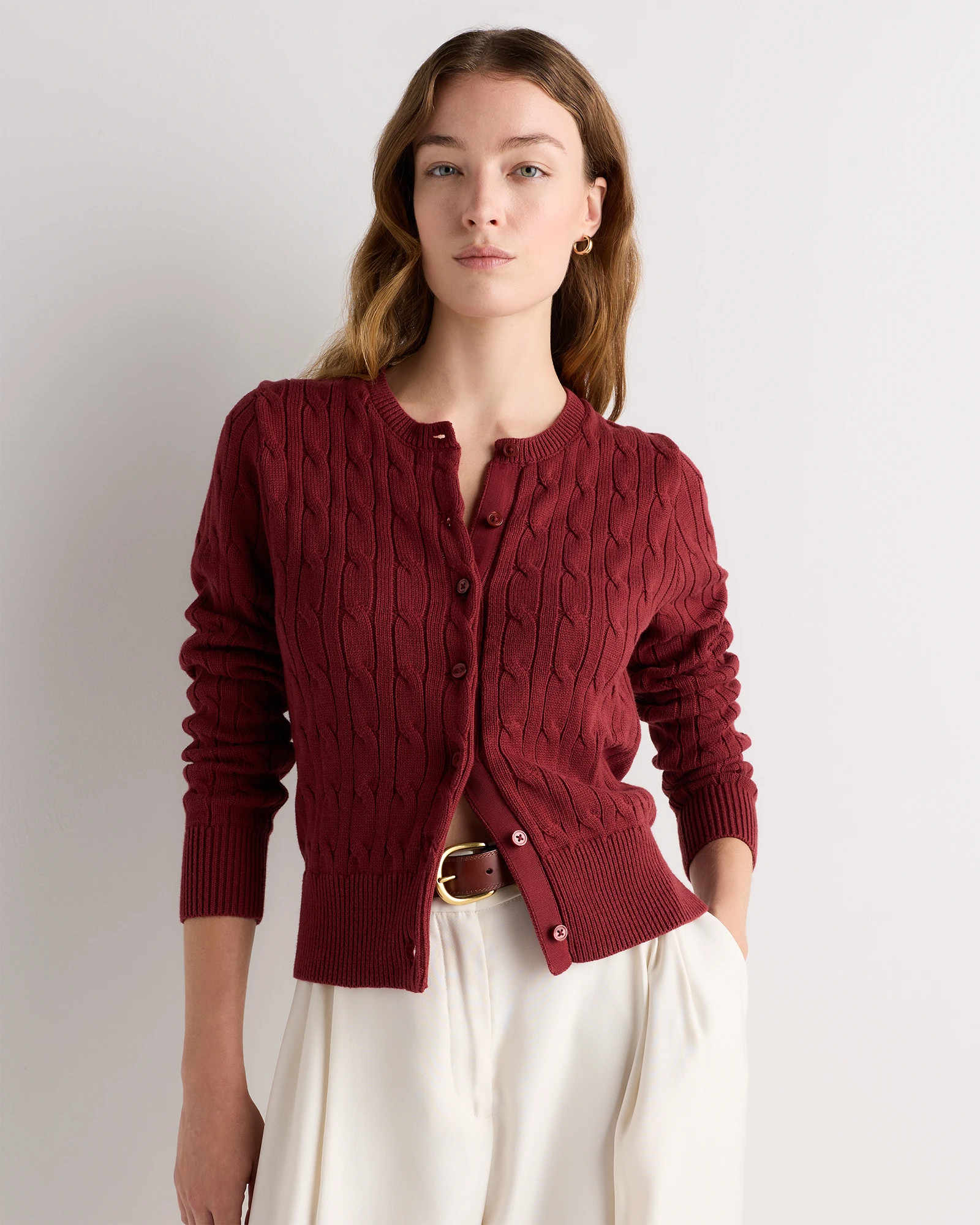 Quince | Women's Cable Crew Cardigan Sweater in Ivory, Size Large, Organic Cotton | Quince