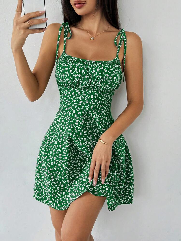 Breezaya Damen Minikleid mit Spaghettitr\u00e4gern und Schleifen mit kleinem Blumenmuster | SHEIN