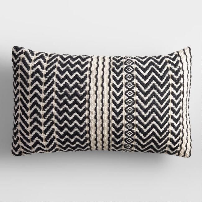 Black and Ivory Zigzag Woven Indoor Outdoor Lumbar Pillow | World Market