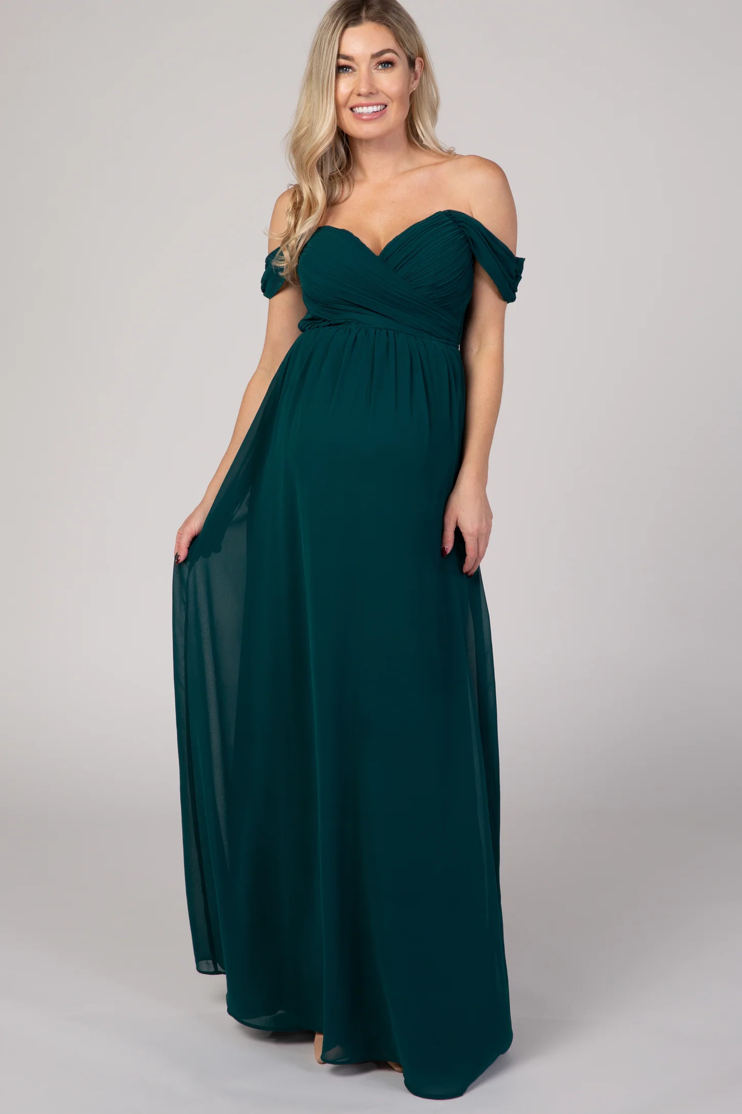 PinkBlush Forest Green Off Shoulder Chiffon Maxi Maternity Dress | PinkBlush Maternity