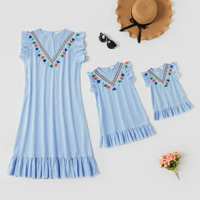 Patpat Blue and White Stripe Tassel Print Sleeveless Cotton Mini Dresses for Mommy and Me | Walmart (US)
