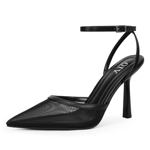 QIY Black Closed Toe Heels for Women Pumps Slingback Black Mesh Heels Ankle Strap Pointed Toe Kitten Stiletto Heel Dress Shoes Size 9.5 | Amazon (US)