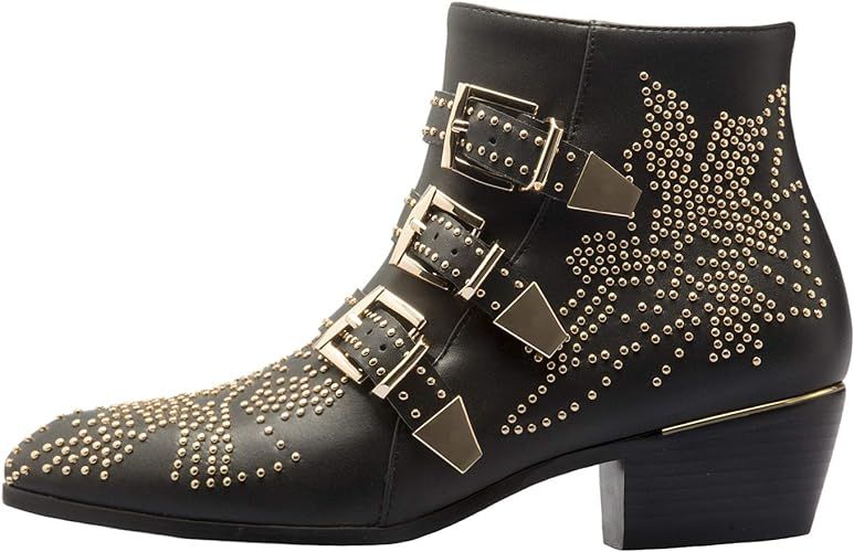 Comfity Boots for Women, Women's Leather Booties Rivets Studded Shoes Metal Buckle Low Heels Ankl... | Amazon (US)