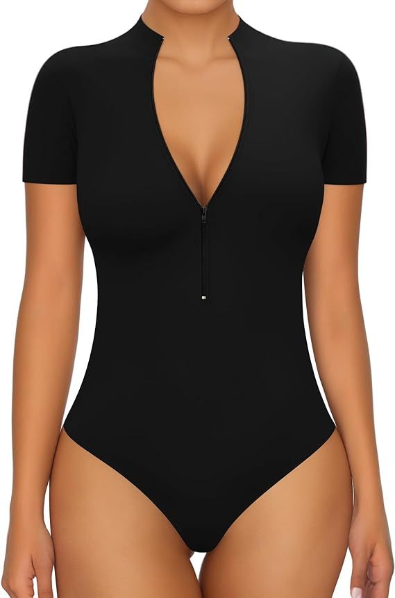 MANGOPOP Long Sleeve Body Suit Mock Turtle Neck Zip Up Bodysuit for Women Ribbed Deep V Sexy Body... | Amazon (US)