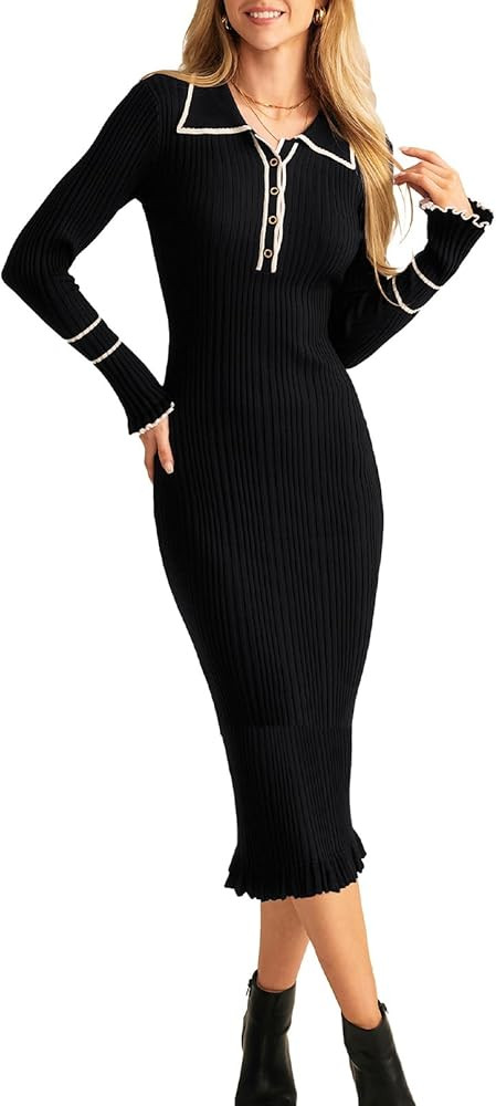 GRACE KARIN Women's 2024 Long Sleeve Sweater Dress Button Knit Slim Fit Casual V Neck Elegant Bod... | Amazon (US)