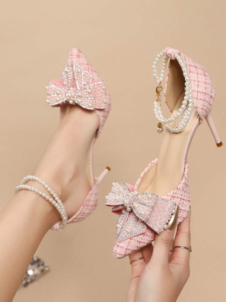 Pointed Toe High Heel Shoes With Crystal, Bow Decor, Transparent Ankle Strap French Style Sandals, 2025 Spring Summer New Arrival,Elegant,Women Pumps,Elegant,Party Outfits | SHEIN
