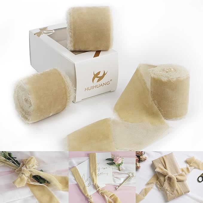 HUIHUANG 3 Rolls Frayed Silk Velvet Ribbon Tan Fringe Ribbon Raw Edge Rustic Wedding Ribbon for B... | Amazon (US)