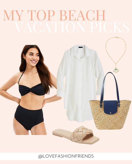 My top beach vacation picks, an oversized white button up, flat nude sandals, a straw tote, black two piece and a seashell necklace 

#LTKswim #LTKunder100 #LTKtravel