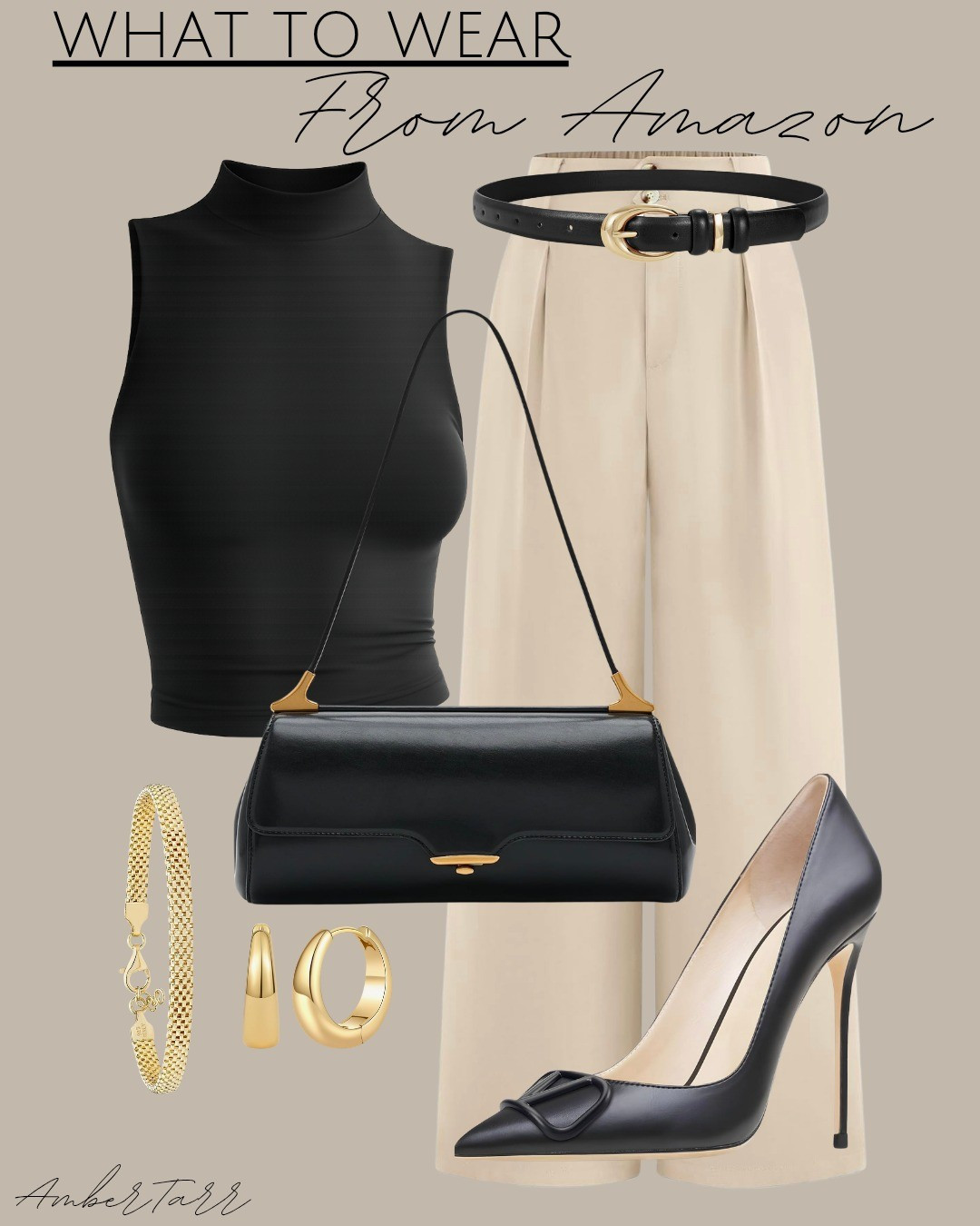 This sleeveless turtleneck top paired with pleated trousers, a black shoulder bag with hardware, pointed toe heels, a belt with gold hardware, gold chain bracelet, and gold hoop earrings is such a sophisticated and polished outfit that feels effortlessly elegant and put together.

#LTKootd #LTKgrwm #LTKOver40