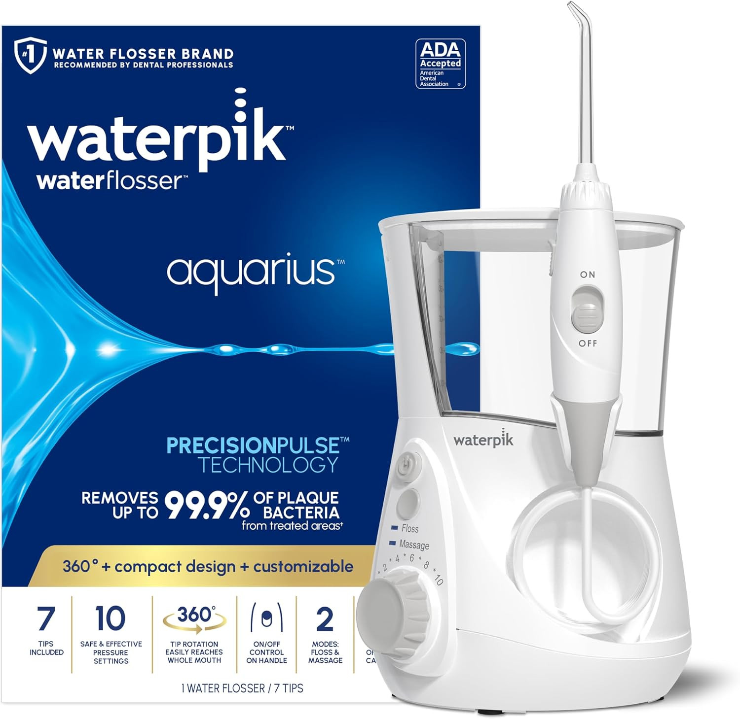 Waterpik Aquarius Countertop Water Flosser with 10 Settings, 7 Tips, White | Amazon (US)