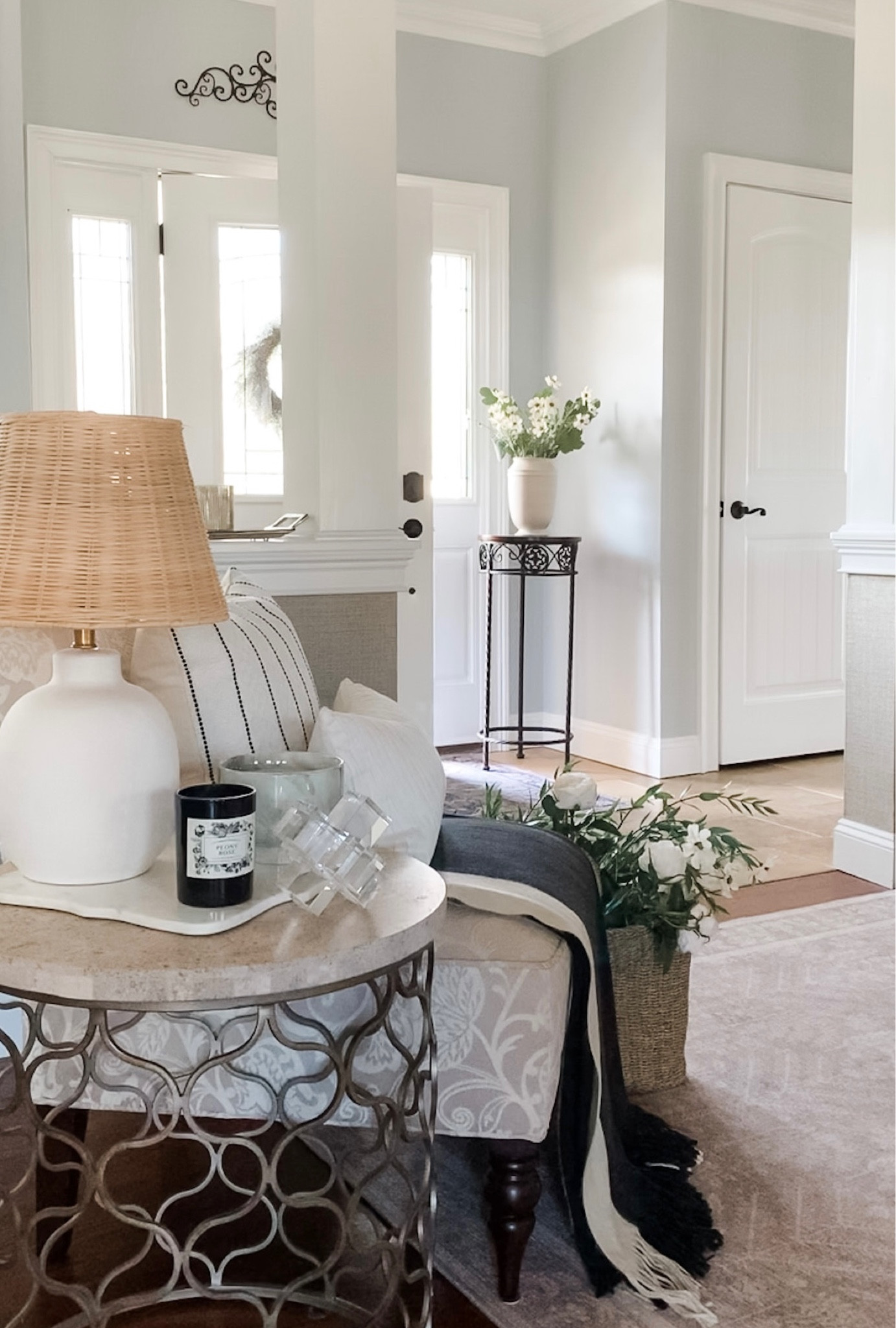 Entryway, foyer refresh! Neutral area rug on sale at Wayfair, rattan ceramic table lamp, throw pillows, black and cream fringed throw blanket, side chair, side tables, marble board, fragrant Diptyque candle, vase, Cosmo florals, Walmart, Target, Williams Sonoma, Anthropologie, Kirkland’s, Homegoods, Crate and Barrel. Free shipping 


#LTKsalealert #LTKhome #LTKFind