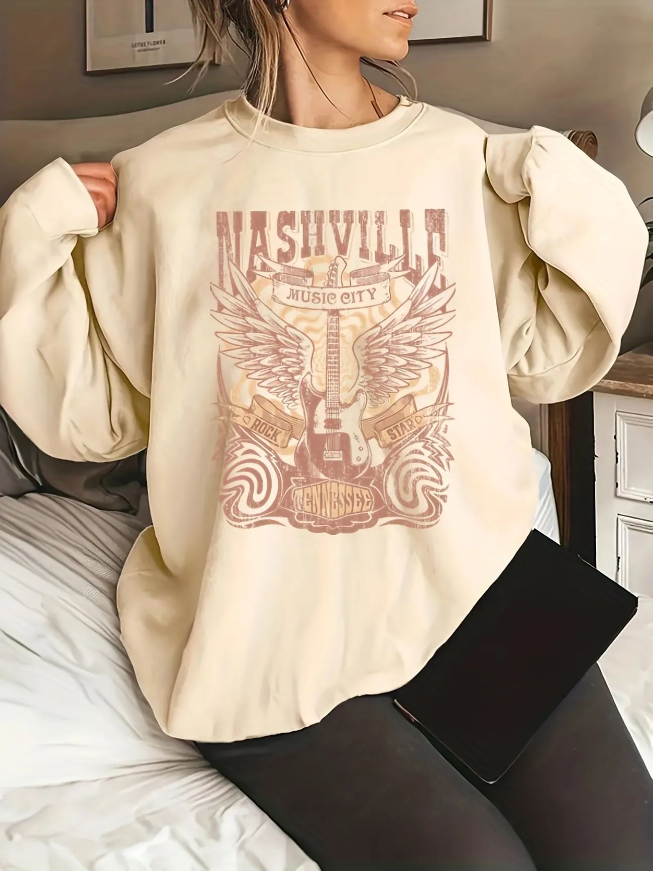 Plus Size Country Music Casual Sweatshirt, Women's Plus Letter & Guitar & Wings Print Long Sleeve... | Temu Affiliate Program