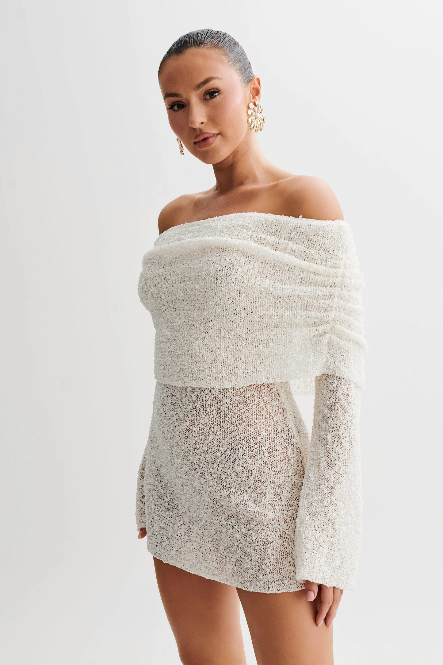 Marisol Off Shoulder Boucle Mini Dress - Ivory | MESHKI US