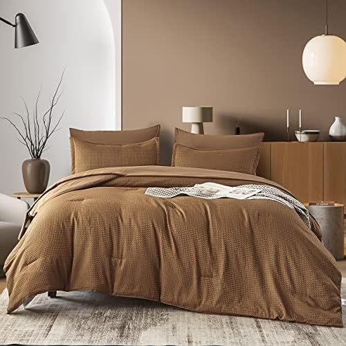Luxudecor Brown Comforter Set Queen Brown Waffle Weave Comforter Vintage Bedding Set Soft Fluffy ... | Amazon (US)