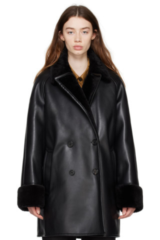 Black Double-Breasted Faux-Leather Coat | SSENSE