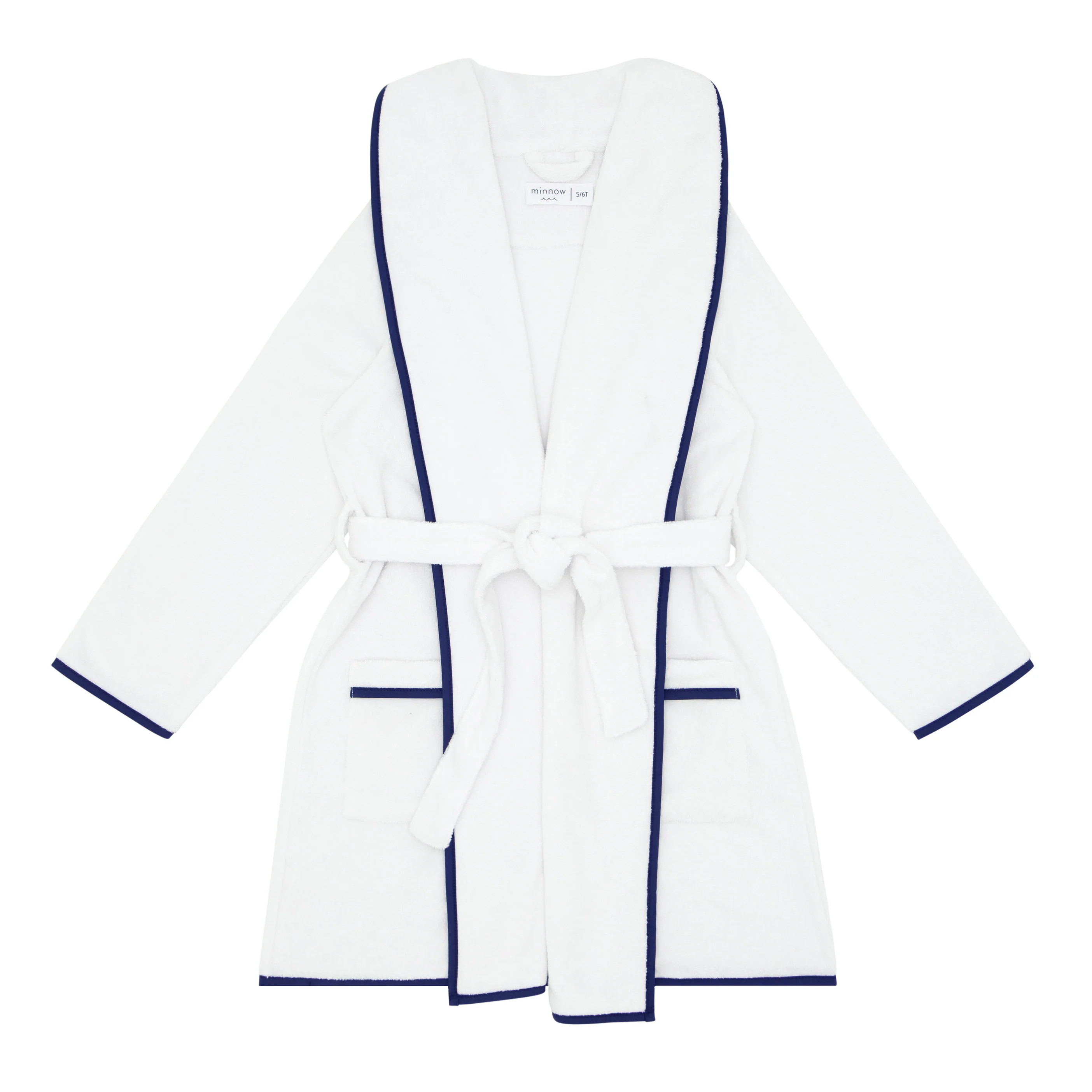 unisex white french terry robe with navy trim | minnow