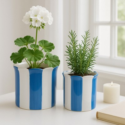 Decorative Striped Scallop Edge Planters - Whimsical Garden, Home Decor, and Living Room Pots for Plants - Set of 2 - 7", 6", Blue & White | Target