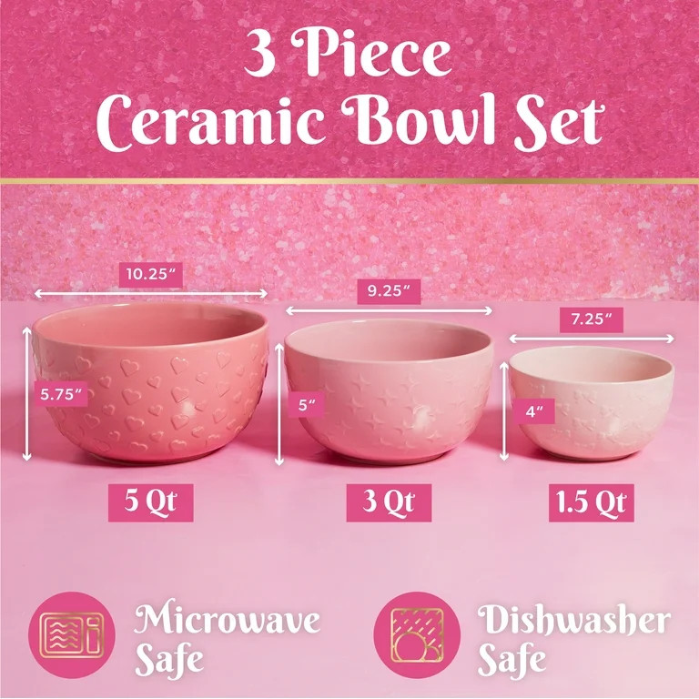 Paris Hilton 3 Piece Ceramic Bowl Set, Durable Stoneware, 1.5qt., 3qt., 5qt. Sizes | Walmart (US)