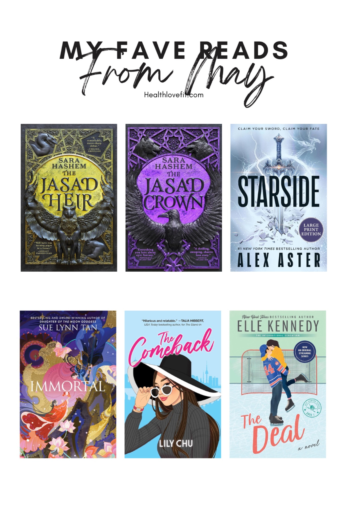 If you saw my other post I read 15 books last month. These are my top 6 faves!! 

Jasad Heir & Jasad Crown as a whole 5 ⭐️, 2 🌶️ - it will consume your heart completely. Some didn’t like the ending but I didn’t mind it. It just made it more beautiful. Enemies to lovers, slow burn, Egyptian inspired world. 

Starside 5⭐️ 5 🌶️ - the plot twist at the end had me. It was 🥵 but also slow burn enemies to lovers. Can’t wait for the next one! 

Immortal 4⭐️ 2🌶️ - Chinese world, enemies to lovers slowburn. But love the lost memories and lost love. 

The Deal 4⭐️ 5🌶️ 
I’m obsessed with off campus the show. Loved both! 

The comeback 5⭐️ / 2🌶️ K-pop romantic comedy with an Asian fmc and mmc. Loved it, it was so funny, relatable, heartbreaking and touching. 

Tags: may book wrap up, books I read, book recommendations, fave books of the month, book recap, Booktok, book recs , romantasy books, spicy books 

#LTKvlog #LTKselfcare #LTKdayinmylife