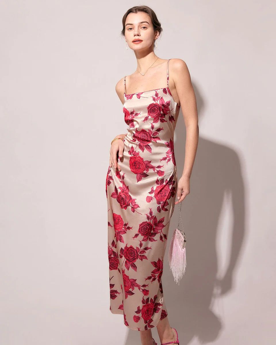 The Rose Spaghetti Strap Bodycon Satin Maxi Dress & Reviews - Apricot - Dresses | RIHOAS | rihoas.com