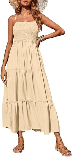 PRETTYGARDEN Women's Summer Maxi Dress 2026 Casual Boho Sleeveless Spaghetti Strap Smocked Tiered... | Amazon (US)