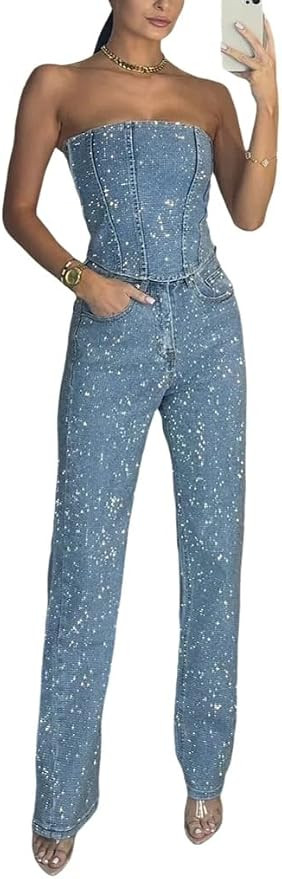 THLAI 2 Piece Denim and Diamonds Outfits for Women Shiny Tube Corset Top and Wide Leg Jeans Set S... | Amazon (US)