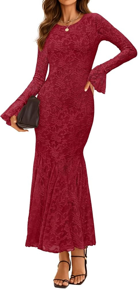 ZESICA Women's Long Sleeve Bodycon Maxi Dress 2025 Fall Fashion Floral Sexy Mermaid Wedding Guest... | Amazon (US)