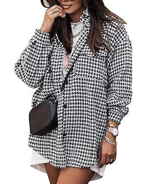 Arssm Plaid Shacket Jacket Women Long Sleeve Oversized Button Down Shirt Houndstooth Flannel Casu... | Amazon (US)