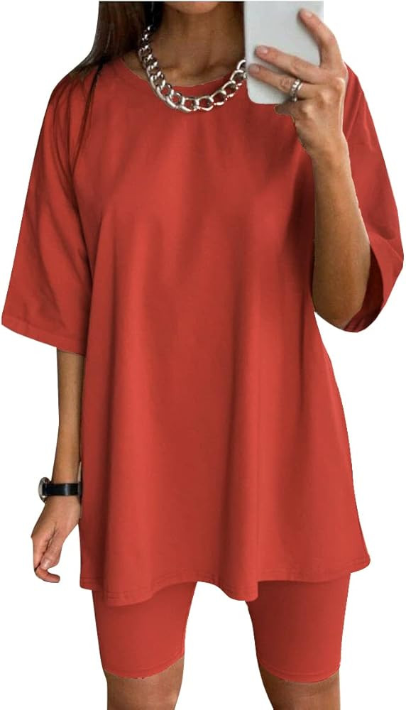 Glamaker Women 2 Piece Outfit sets Casual Oversized T-Shirt Tops Biker Shorts Workout Sports Trac... | Amazon (US)