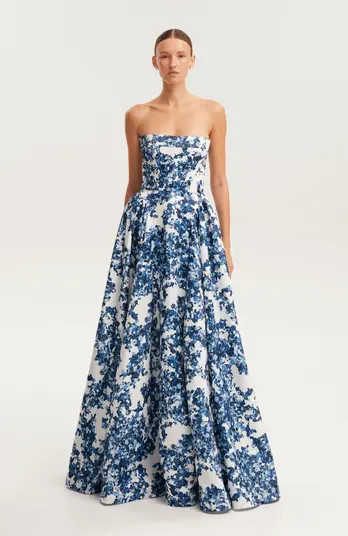 Blue Floral Strapless Maxi Evening Gown with Corset Bodice | Nordstrom