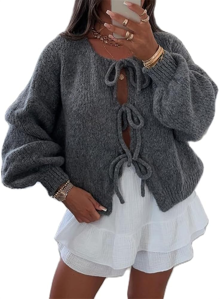 Women's Y2k Tie Front Knit Cardigan Sweater Open Front Long Sleeve Knitted Tops Elegant Going Out... | Amazon (US)