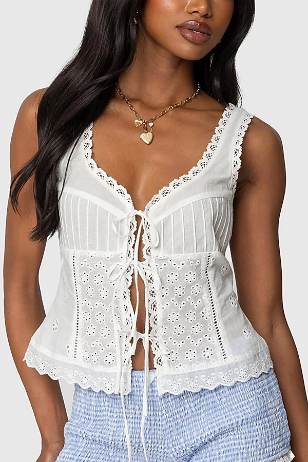 Edikted Fiore Eyelet Tie Front Top in White, Women's at Urban Outfitters | Urban Outfitters (US and RoW)