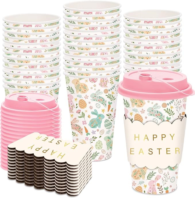 JarThenaAMCS 50 Set Easter Disposable Coffee Cups with Lids Gold Foil Sleeves Paper Cup Pastel Bu... | Amazon (US)