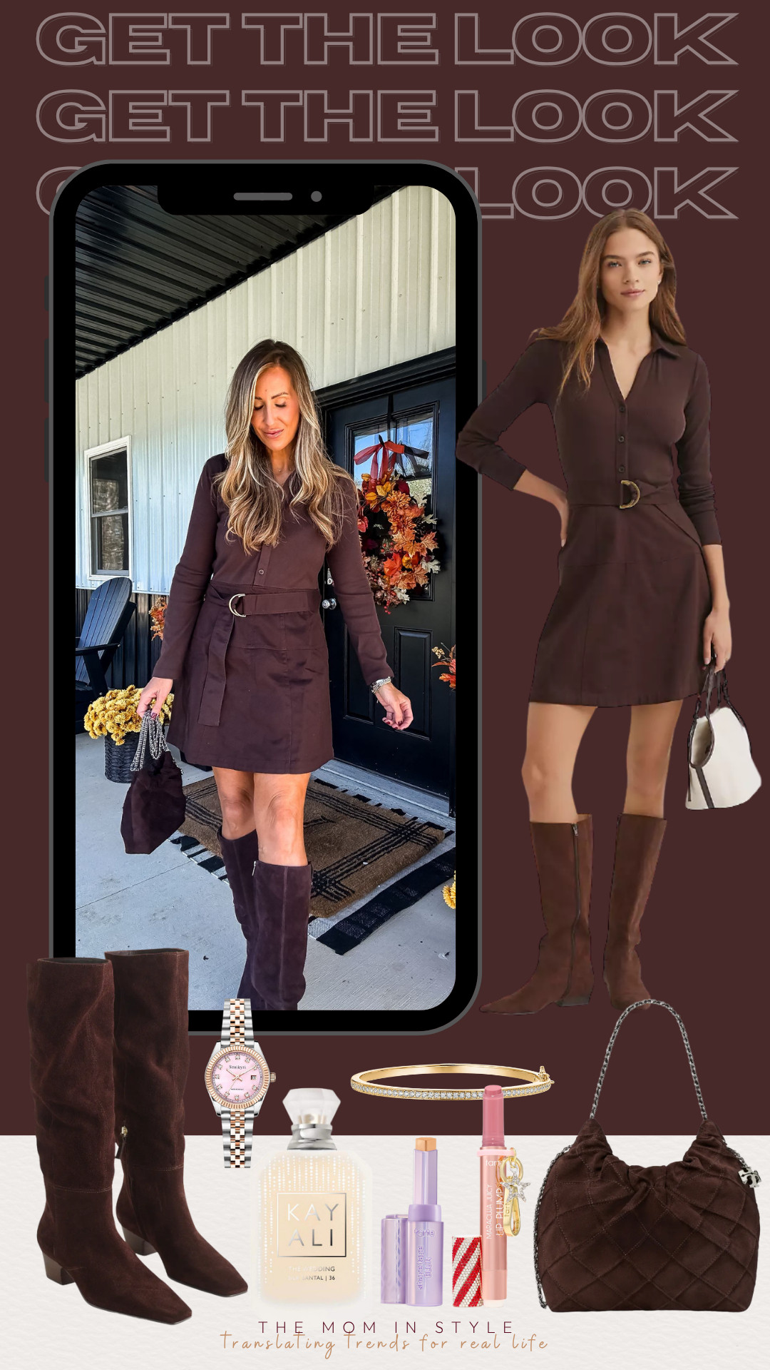 Brown dress, fall dress, long sleeve dressm brown suede boots, tory burch bag, themominstyle 

 #LTKFindsUnder50 #LTKFindsUnder100