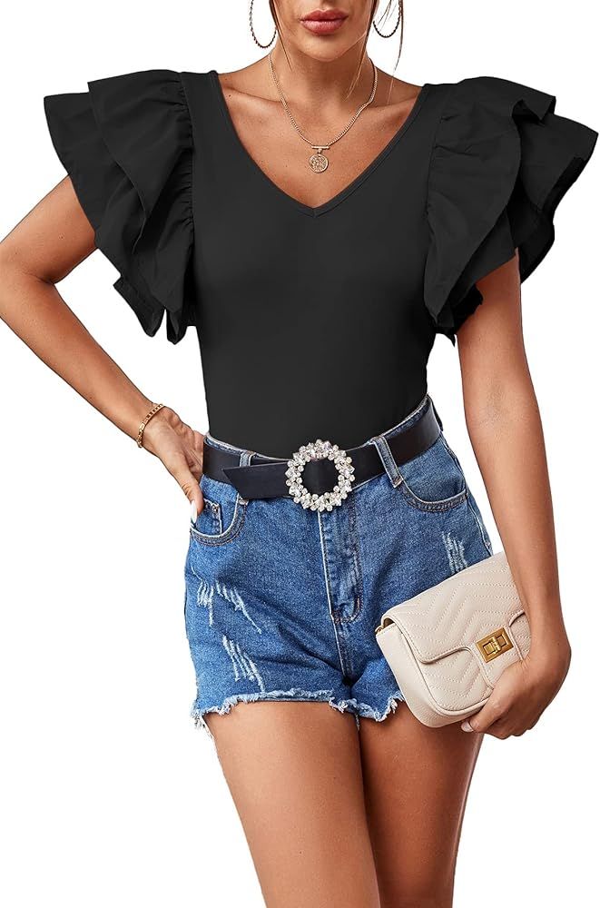 Women's V Neck Ruffle Cap Sleeve Summer Blouse Top Shirt | Amazon (US)