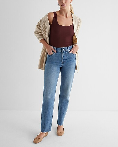 High Waisted Medium Wash Raw Hem Modern Straight Jeans | Express