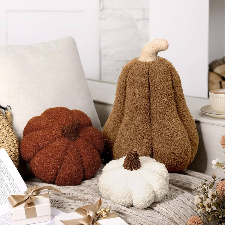 3 Pcs Fall Pumpkin Pillows Sherpa Plush Stuffed Pumpkin Throw Pillows Soft Autumn Cushion Neutral... | Amazon (US)