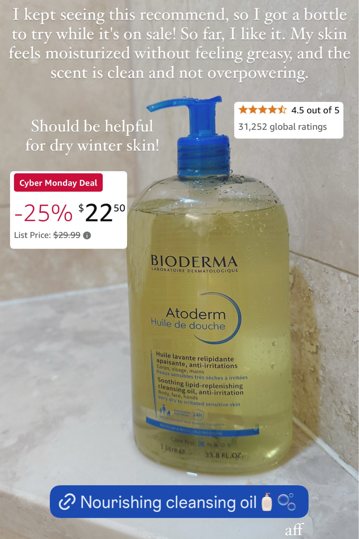 This bioderma shower oil is on sale right now, and I love it! It's moisturizing, and I love the convenient pump packaging. 25% off for cyber Monday!
..........
Amazon cyber Monday Amazon deals Amazon beauty finds facial oil cleaning oil ulta beauty finds ulta sale ulta finds gifts for her gifts for friends beauty gift ideas shower gel shower oil body wash oil nourishing cleansing oil gifts under $25 self care gift ideas self care gifts 

#LTKSaleAlert #LTKBeauty #LTKGiftGuide