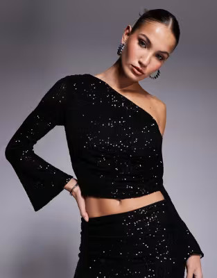 ASOS DESIGN sequin ruched asymmetric neck top in black | ASOS (Global)