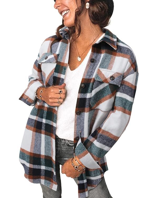 Women's Brushed Plaid Shirts Long Sleeve Flannel Lapel Button Down Cardigan Boyfriend Shacket Jac... | Amazon (US)